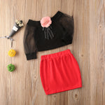 Baby Girl Flowers Lace Long Sleeve T Shirt Top + Mini Skirt