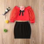 Baby Girl Flowers Lace Long Sleeve T Shirt Top + Mini Skirt