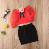 Baby Girl Flowers Lace Long Sleeve T Shirt Top + Mini Skirt