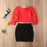 Baby Girl Flowers Lace Long Sleeve T Shirt Top + Mini Skirt