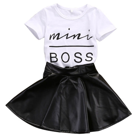 Short Sleeve White Cotton T-shirt Top + Leather Skirt