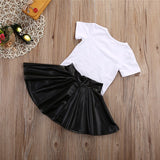 Short Sleeve White Cotton T-shirt Top + Leather Skirt