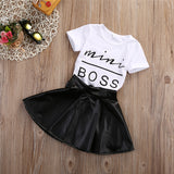 Short Sleeve White Cotton T-shirt Top + Leather Skirt