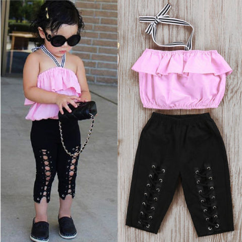 Baby Girl Pink Top Ruffle + Cross Bandage Pant